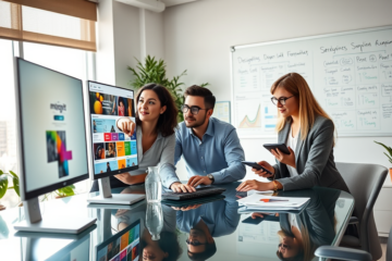 Team collaborating in a modern office with multi-screen displays showing social media ad campaigns and analytics to boost clicks and eCPM