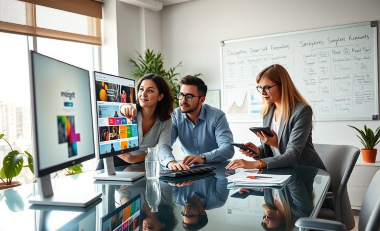 Team collaborating in a modern office with multi-screen displays showing social media ad campaigns and analytics to boost clicks and eCPM