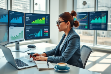 Young professional woman analyzing colorful digital campaign analytics dashboards in a bright modern office for better SEO and higher eCPM