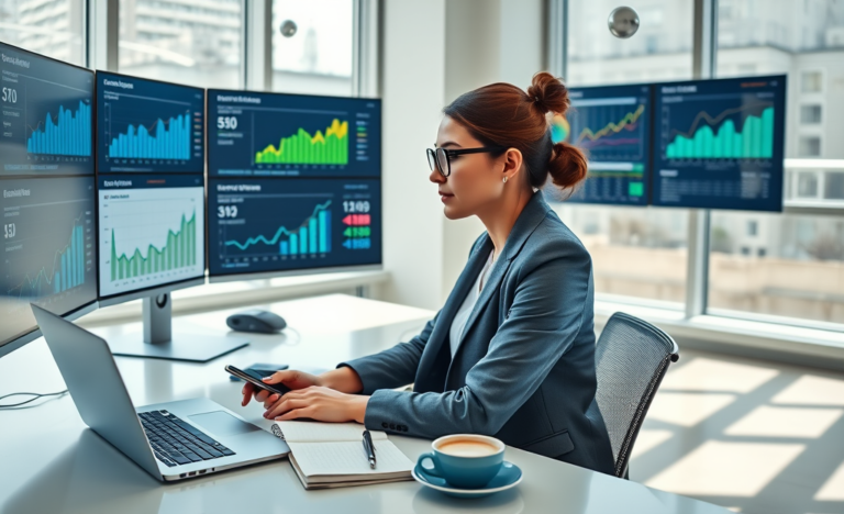 Young professional woman analyzing colorful digital campaign analytics dashboards in a bright modern office for better SEO and higher eCPM