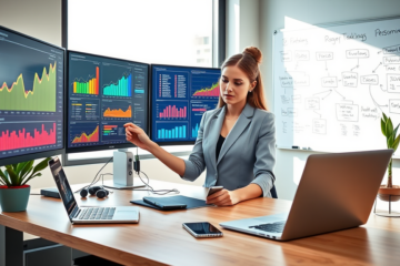 Digital marketer analyzing SEO services with multiple monitors showing traffic growth and high eCPM analytics in a bright modern office