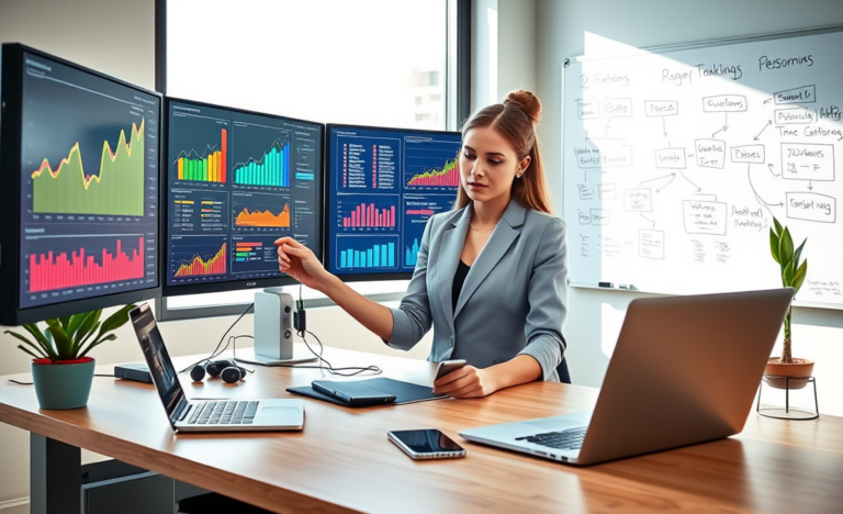 Digital marketer analyzing SEO services with multiple monitors showing traffic growth and high eCPM analytics in a bright modern office