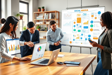 Three young professionals collaborating in a bright modern office on a social media marketing strategy with digital devices and a whiteboard