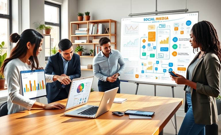 Three young professionals collaborating in a bright modern office on a social media marketing strategy with digital devices and a whiteboard