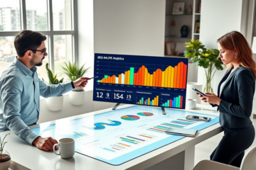 Digital marketing team collaborating in a bright office using touchscreen analytics to improve SEO and boost eCPM metrics