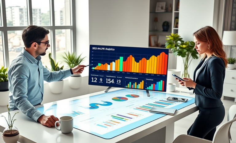 Digital marketing team collaborating in a bright office using touchscreen analytics to improve SEO and boost eCPM metrics