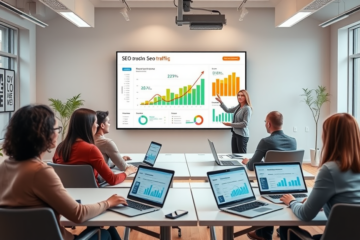 Professionals attend a modern SEO training course in a bright room with laptops and a digital screen showing SEO traffic and eCPM charts