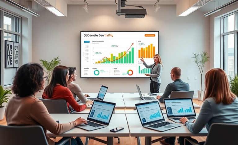 Professionals attend a modern SEO training course in a bright room with laptops and a digital screen showing SEO traffic and eCPM charts