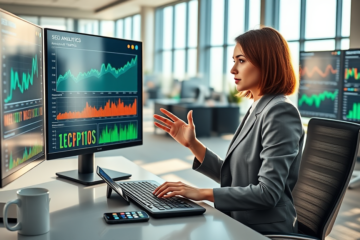 Professional woman analyzing colorful SEO analytics graphs on transparent screen in modern office to boost traffic and eCPM