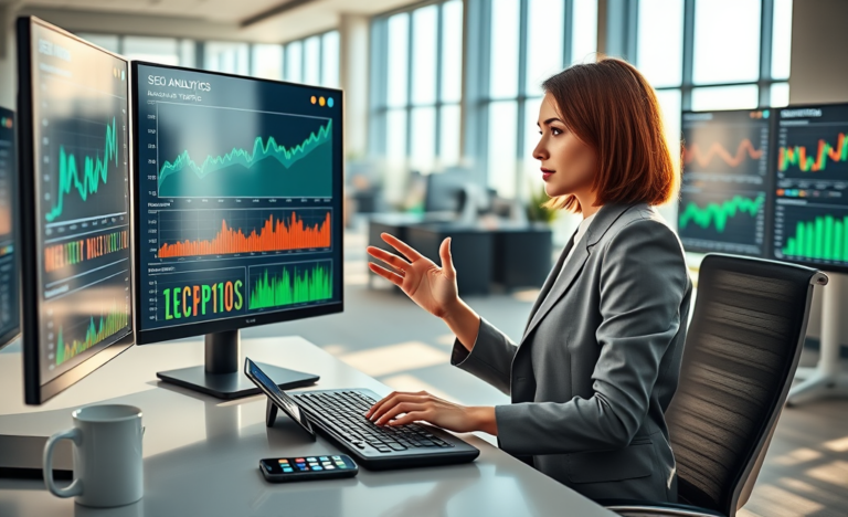 Professional woman analyzing colorful SEO analytics graphs on transparent screen in modern office to boost traffic and eCPM