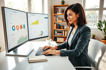 Young woman working on SEO analytics dashboards in a modern home office, learning digital marketing skills to drive revenue
