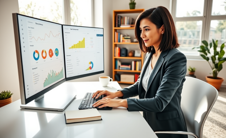 Young woman working on SEO analytics dashboards in a modern home office, learning digital marketing skills to drive revenue