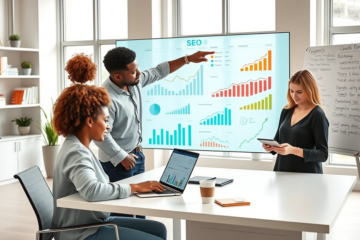 Diverse team collaborating in a bright modern office using digital screens and devices for SEO growth and marketing strategies