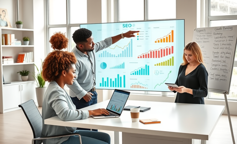 Diverse team collaborating in a bright modern office using digital screens and devices for SEO growth and marketing strategies